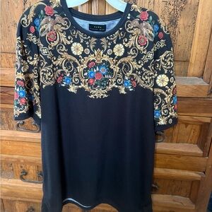 Zara Black Tee with Gold and Red Floral Design